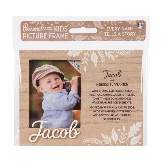 History & Heraldry Personalised Kids Wooden Picture Frame - Jacob in Brown