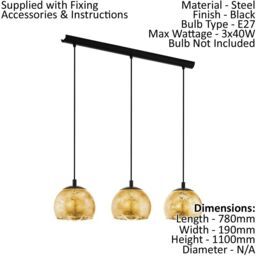 Loops Pendant Ceiling Light Colour Black Shade Gold Color Glass Bulb E27 3x40W - thumbnail 2