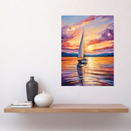 "Artery8 Wall Art Print Sunset Sailing Vibrant Oil Painting Orange Purple Blue Bathroom Artwork Sail Boat Seascape Poster - Size: W24"" x H32""" - thumbnail 2