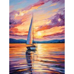 "Artery8 Wall Art Print Sunset Sailing Vibrant Oil Painting Orange Purple Blue Bathroom Artwork Sail Boat Seascape Poster - Size: W24"" x H32""" - thumbnail 1