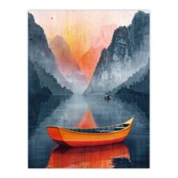 "Artery8 Wall Art Print Boat in Lake Serene Mountain Landscape Sunrise Poster in Blue - Size: W12"" x H16""" - thumbnail 1