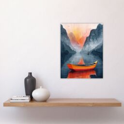 "Artery8 Wall Art Print Boat in Lake Serene Mountain Landscape Sunrise Poster in Blue - Size: W12"" x H16""" - thumbnail 4