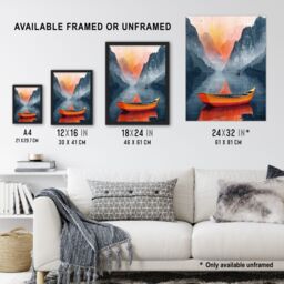 "Artery8 Wall Art Print Boat in Lake Serene Mountain Landscape Sunrise Poster in Blue - Size: W12"" x H16""" - thumbnail 3