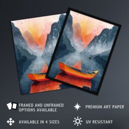 "Artery8 Wall Art Print Boat in Lake Serene Mountain Landscape Sunrise Poster in Blue - Size: W12"" x H16""" - thumbnail 2