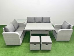 Fimous Patio PE Wicker 8 Seater Outdoor Rattan Furniture Sofa Sets w/ Rectangular Dining Table Reclining Chair Loveseat Sofa 3 Seater Sofa Stool Side - thumbnail 1
