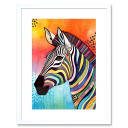 "Artery8 Wall Art Print Zebra Folk Art Bright Multicoloured Artwork Framed 9X7 Inch in White - Size: W7"" x H9""" - thumbnail 1