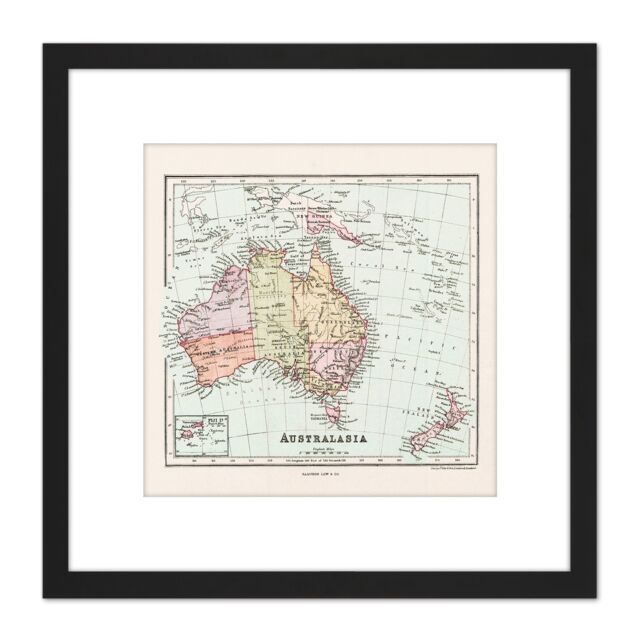 Artery8 Map Sampson Australasia Australia Fiji 8X8 Inch Square Wooden Framed Wall Art Print Picture with Mount in Black - image 1