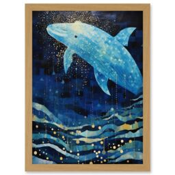 Artery8 Wall Art Print Blue Whale Breach in Winter Waters Moonlit Seascape Waves Artwork Framed A4 in Light Oak - thumbnail 1