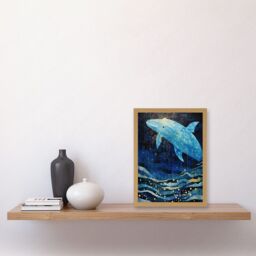 Artery8 Wall Art Print Blue Whale Breach in Winter Waters Moonlit Seascape Waves Artwork Framed A4 in Light Oak - thumbnail 2