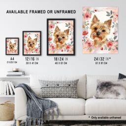 "Artery8 Cute Teacup Yorkshire Terrier Dog Pink Floral Framed Wall Art - Size: W12"" x H16""" - thumbnail 3