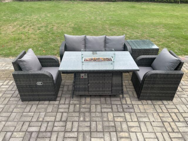 Fimous Outdoor Rattan Garden Furniture Set Propane Gas Fire Pit Table Burner with Lounge Sofa Side Table in Dark Grey - image 1
