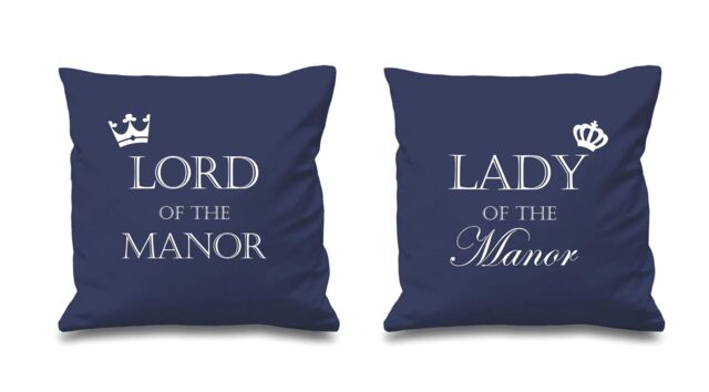 "60 SECOND MAKEOVER Lord Of The Manor Lady Of The Manor Navy Cushion Covers 16"" x 16"" Couples Cushions Valentines Anniversary Boyfriend"