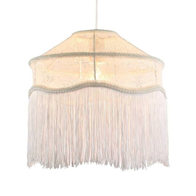 Happy Homewares Chic White Lace Fabric Victorian Style Pendant Light Shade with Trims - image 1