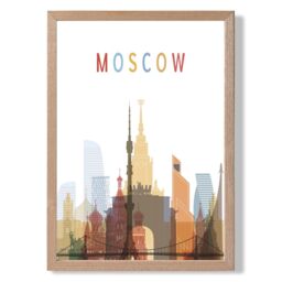 ARTZE Moscow Colourful City Skyline Framed Print SIZE: A3 with Oak Frame in Pale Blue - Size: A4 - thumbnail 1