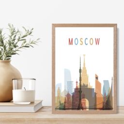 ARTZE Moscow Colourful City Skyline Framed Print SIZE: A3 with Oak Frame in Pale Blue - Size: A4 - thumbnail 2