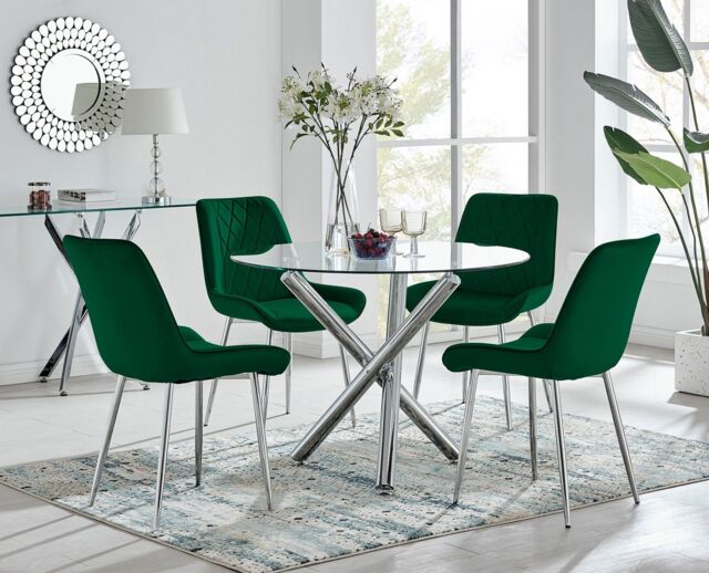 FurnitureboxUK Selina Round Glass Chrome Leg Dining Table & Pesaro Silver Leg Chairs in Green - Size: 4 Person - image 1