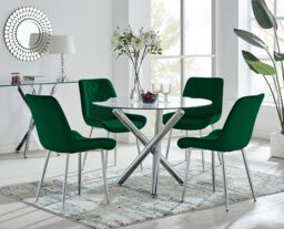 FurnitureboxUK Selina Round Glass Chrome Leg Dining Table & Pesaro Silver Leg Chairs in Green - Size: 4 Person