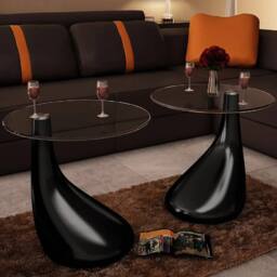Berkfield Home Coffee Table 2 pcs with Round Glass Top High Gloss Black - thumbnail 1