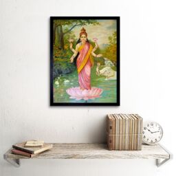"Artery8 Wall Art Print Hindu Deity Goddess Lakshmi Raja Ravi Varma Lotus Elephants Oleograph Painting Art Framed - Size: W12"" x H16""" - thumbnail 2