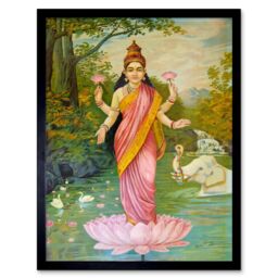 "Artery8 Wall Art Print Hindu Deity Goddess Lakshmi Raja Ravi Varma Lotus Elephants Oleograph Painting Art Framed - Size: W12"" x H16""" - thumbnail 1