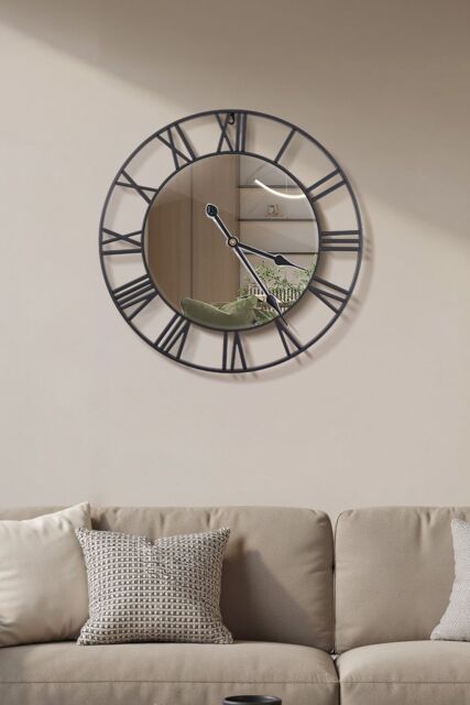 Living and Home 24in/60cm Modern Non-Ticking Mirrored Wall Clock in Black - image 1