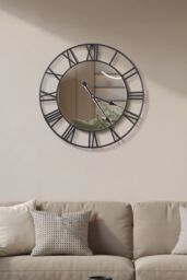 Living and Home 24in/60cm Modern Non-Ticking Mirrored Wall Clock in Black - thumbnail 1