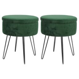 Harbour Housewares Round Velvet Storage Footstools - H45 x D36cm - Black Legs - Pack of 2 in Green