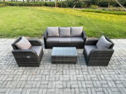 Fimous Outdoor Rattan Garden Furniture Set 5 Seater Patio Lounge Sofa Set with Rectangular Coffee Table Dark Grey Mixed - thumbnail 1