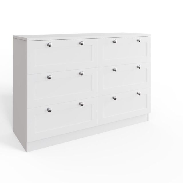 FWStyle White 6 Drawer Chest Of Drawers Panelled Bedroom Furniture