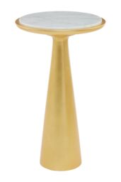 Orsina Large Gold Side Table With Conical Base, Unique Gold Finished Round Bedside Table, White Marble Side Table