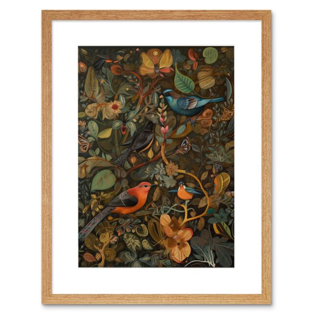 "Artery8 Wall Art Print Birds & Butterflies on Autumnal Tree Folk Artwork Framed 9X7 Inch in Beige - Size: W7"" x H9""" - image 1
