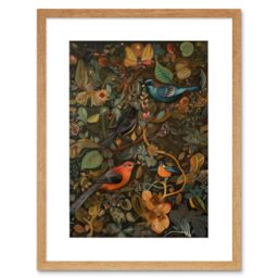 "Artery8 Wall Art Print Birds & Butterflies on Autumnal Tree Folk Artwork Framed 9X7 Inch in Beige - Size: W7"" x H9""" - thumbnail 1