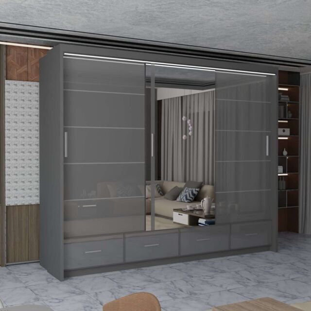 MN Furniture High Gloss Sliding Mirrored Wardrobe with LED Light - 255x220cm in Grey - Size: 255x220 cm - image 1