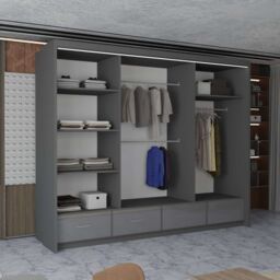 MN Furniture High Gloss Sliding Mirrored Wardrobe with LED Light - 255x220cm in Grey - Size: 255x220 cm - thumbnail 4