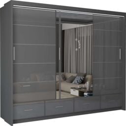 MN Furniture High Gloss Sliding Mirrored Wardrobe with LED Light - 255x220cm in Grey - Size: 255x220 cm - thumbnail 2