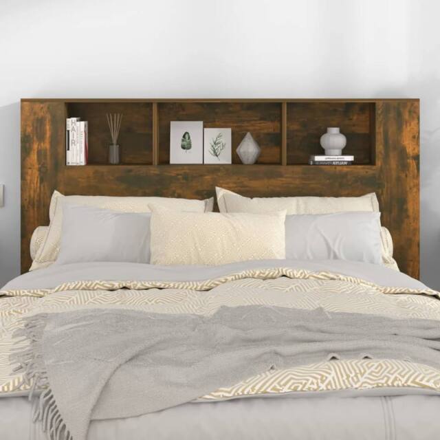 Berkfield Home Headboard Cabinet Smoked Oak 160x18.5x104.5 cm in Brown - image 1