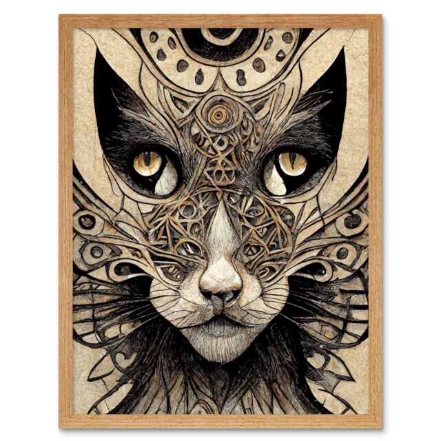 "Artery8 Wall Art Print Abstract Cat Face Close Up With Tribal Patterns Textured Mask Art Framed in Light Oak - Size: W12"" x H16""" - image 1