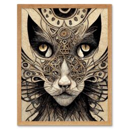 "Artery8 Wall Art Print Abstract Cat Face Close Up With Tribal Patterns Textured Mask Art Framed in Light Oak - Size: W12"" x H16""" - thumbnail 1