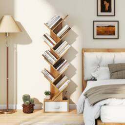 Costway Wooden Tree Bookshelf Modern 150cm Tall Narrow Bookcase w/ 10 Shelves in Natural - thumbnail 7