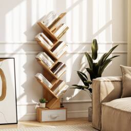 Costway Wooden Tree Bookshelf Modern 150cm Tall Narrow Bookcase w/ 10 Shelves in Natural - thumbnail 5
