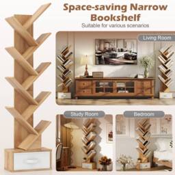 Costway Wooden Tree Bookshelf Modern 150cm Tall Narrow Bookcase w/ 10 Shelves in Natural - thumbnail 4