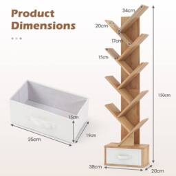 Costway Wooden Tree Bookshelf Modern 150cm Tall Narrow Bookcase w/ 10 Shelves in Natural - thumbnail 8