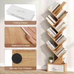 Costway Wooden Tree Bookshelf Modern 150cm Tall Narrow Bookcase w/ 10 Shelves in Natural - thumbnail 3