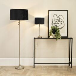 ValueLights Maggie Brushed Chrome Candlestick Floor Lamp with Velvet Lamp Shade & LED Bulb in Black - thumbnail 4