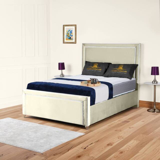 UK Bed Furniture Ariana Upholstered Bed Frame with 48-inch Headboard - Slatted Base in Cream - Size: Small Double - image 1