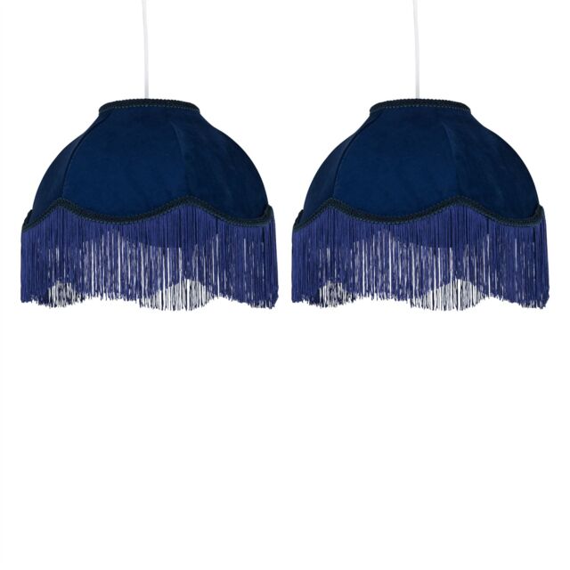 First Choice Lighting Set of 2 Fringe - Navy Blue Velvet Fringed Pendant or Lamp Shades - image 1