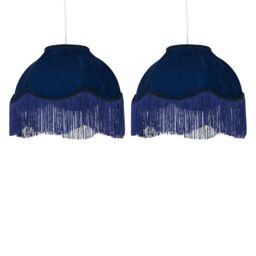 First Choice Lighting Set of 2 Fringe - Navy Blue Velvet Fringed Pendant or Lamp Shades