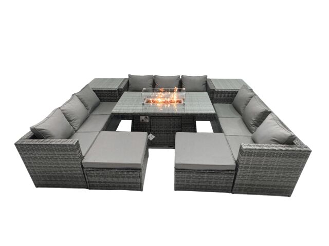Fimous Rattan Garden Furniture Firepit Dining Set Outdoor 10 Seater Patio with Glass Top Dining Table 2 Side Tables in Dark Grey - image 1