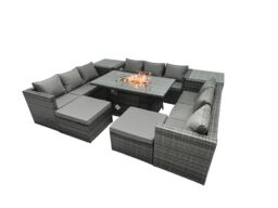 Fimous Rattan Garden Furniture Firepit Dining Set Outdoor 10 Seater Patio with Glass Top Dining Table 2 Side Tables in Dark Grey - thumbnail 2