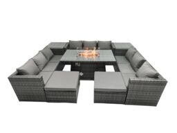 Fimous Rattan Garden Furniture Firepit Dining Set Outdoor 10 Seater Patio with Glass Top Dining Table 2 Side Tables in Dark Grey
